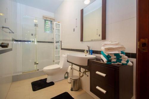 欧丘里欧Crystal Cove Oceanfront/ 2 bedroom Condo的浴室配有卫生间、盥洗盆和淋浴。