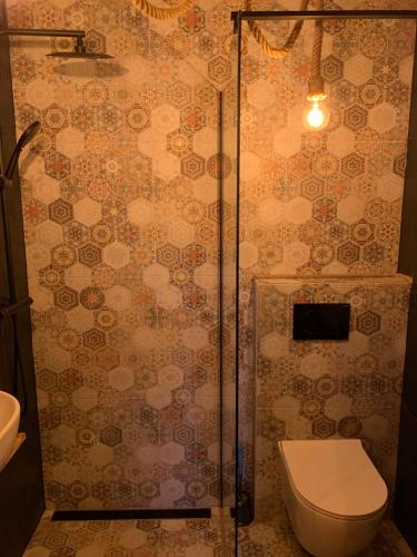 Wola MichowaChatka Wagabundy的一间带卫生间和玻璃淋浴间的浴室