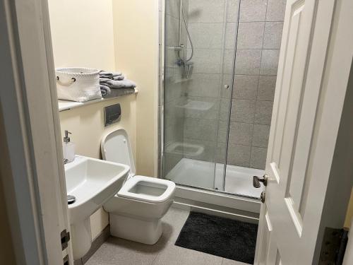 罗瑟勒姆Two Bed Town Apartment的带淋浴、卫生间和盥洗盆的浴室