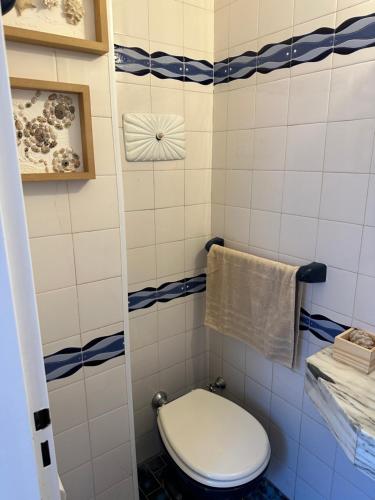 马德普拉塔Lujo Junto al Mar - Cochera y Terraza Privada的浴室铺有蓝色和白色瓷砖,设有白色卫生间。
