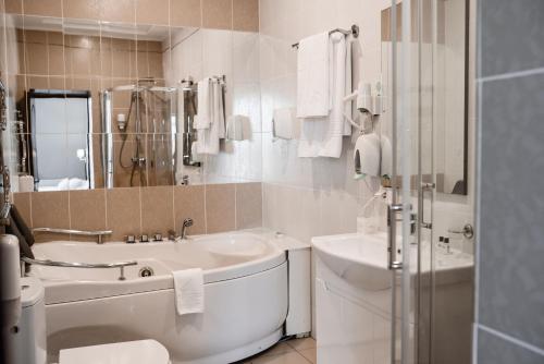 伊万诺-弗兰科夫斯克Optima Collection Park Hotel Ivano-Frankivsk的一间带水槽、浴缸和卫生间的浴室