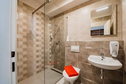 Sezimovo Ústí维加汽车旅馆的带淋浴、卫生间和盥洗盆的浴室