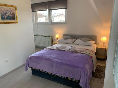 克拉平斯凯托普利采杜登住宿加早餐旅馆的一间卧室配有一张大床和紫色毯子