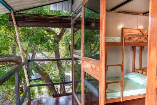 珍南海滩Bunga Hostel的一间设有双层床的客房和一棵树