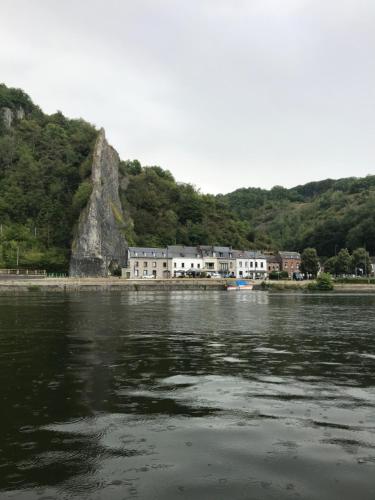 迪南巴拿马住宿加早餐旅馆的一大片水体,有一座建筑的背景