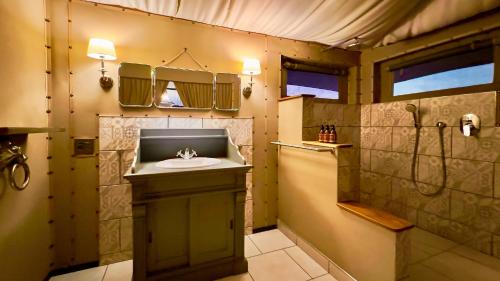KhorixasTwyfelfontein Adventure Camp的一间带水槽和淋浴的浴室