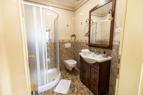 BrezjeTourist farm Tominc的浴室配有卫生间、盥洗盆和淋浴。