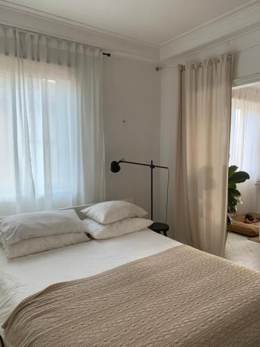 马托西纽什CASA SCANDIC FAMILY GUEST HOUSE rooms&apartments的卧室配有一张带白色窗帘的大床