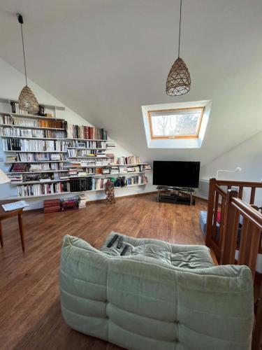 勒芒Gazonfier的客厅配有沙发、电视和书籍