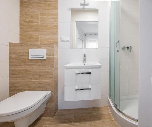 弗瓦迪斯瓦沃沃Family Homes - Sand Apartments的浴室配有卫生间、盥洗盆和淋浴。