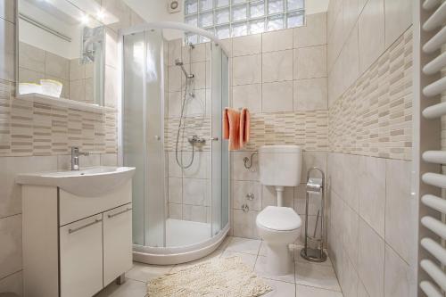 奈维斯Apartmani Justić的带淋浴、卫生间和盥洗盆的浴室