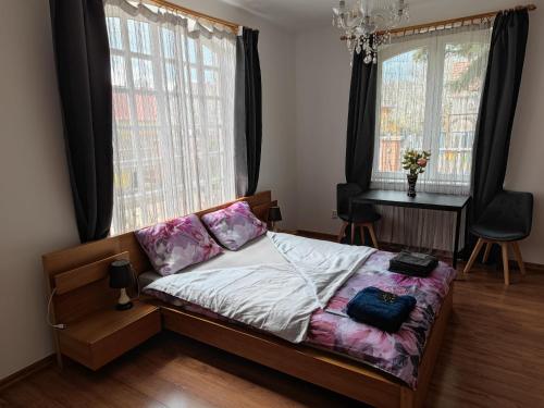 欧罗什哈佐Patyo Orosháza的一间卧室配有一张床、一张书桌和两个窗户。
