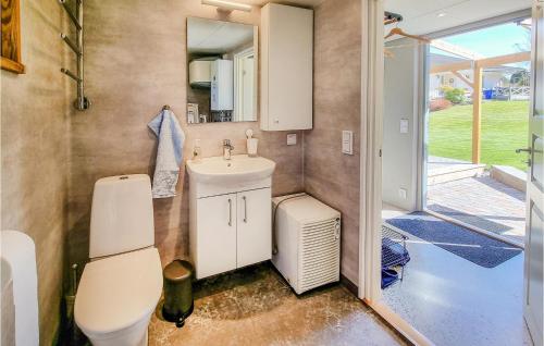 RomelandaStunning Home In Romelanda With Kitchen的一间带卫生间、水槽和镜子的浴室