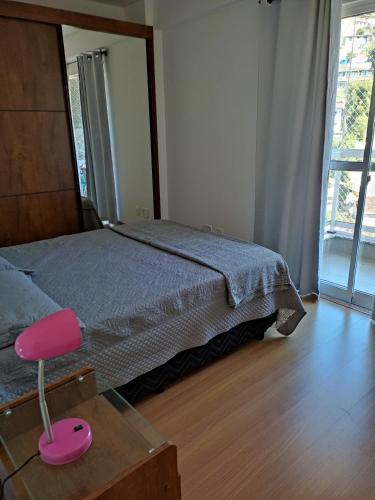 特雷索波利斯Apartamento confortavel Centro de Teresopolis. NOVO的一间卧室配有一张床和一张粉红色的椅子