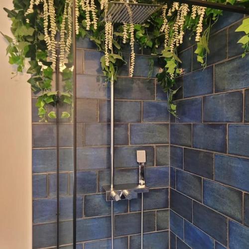 RainhullNo 1 The Terrace的浴室设有蓝色瓷砖墙,种植了植物