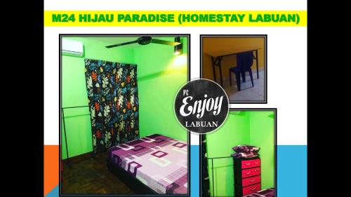 拉布安HOMESTAY HIJAU M24 VVIP LaBUAN的绿色的房间,有一张床和一个标志,上面写着吉普赛人的洗衣房