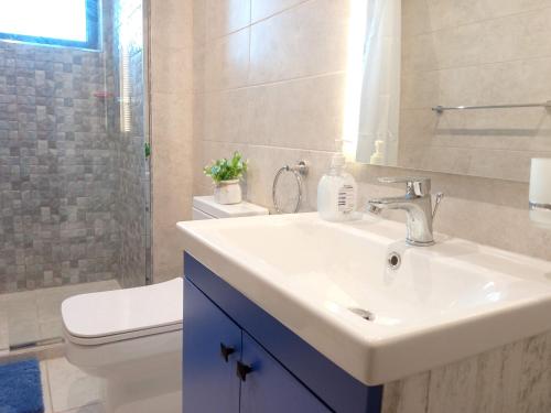 内罗毕Elegant and comfy apartment in Westlands, Nairobi的浴室配有白色水槽和卫生间。