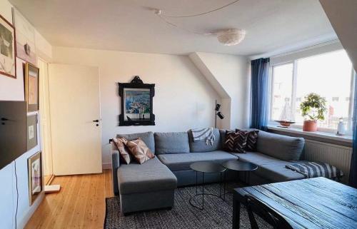 斯泰厄Stege Torv Family Apartment的客厅配有蓝色的沙发和桌子