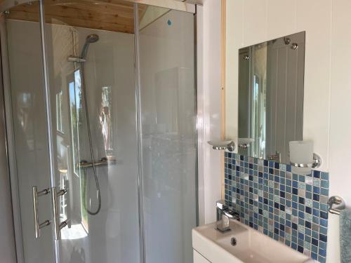 盖尔文Cosy Shepherd Huts near Newborough Forest Anglesey的带淋浴、盥洗盆和镜子的浴室