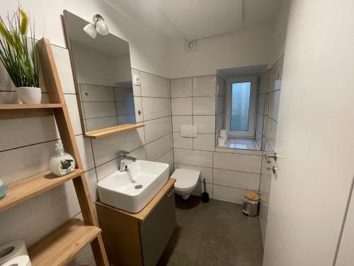 托尔明Azimut Hiša的一间带水槽、卫生间和镜子的浴室