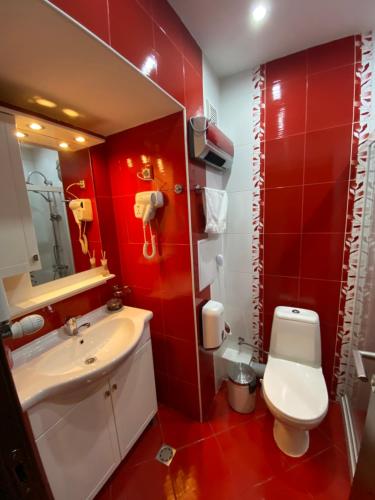 索非亚Mia's Apartment, Stylish One Bedroom Suite的浴室设有红色的墙壁、水槽和卫生间