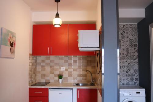阿雷西费Apartamentos La Carmen的一间带红色橱柜和水槽的厨房