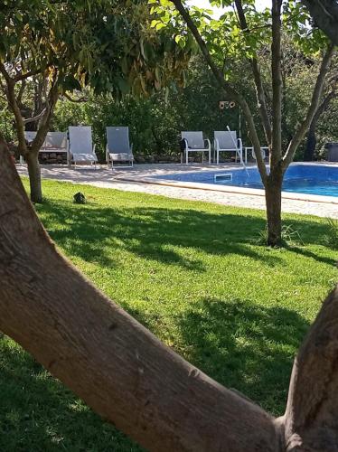 MalhãoMonte Papa Figos的游泳池前的围栏,有椅子和树木