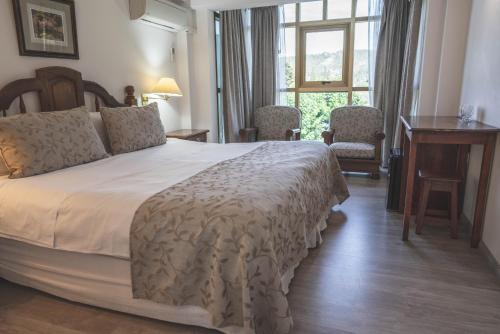 圣马丁德洛斯巴塔哥尼亚广场酒店的一间卧室配有一张床、一张书桌和一个窗户。