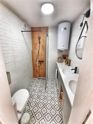 斯科普里Home Apartment LUNA的带淋浴、卫生间和盥洗盆的浴室