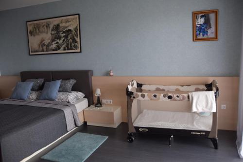 韦伦采Panorama Apartman的一间卧室配有一张床和一张婴儿床。