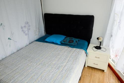 波哥大Acogedor Apartamento La Candelaria 2 Habitaciones EC52的一张带蓝色枕头的小床和一个床头柜