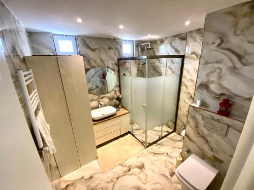 ArnavutköyAirport Villa hotel的带淋浴、盥洗盆和镜子的浴室
