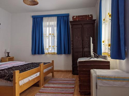 穆里吉奥尔Casa Traditionala Clisciova的一间卧室设有两张床和蓝色窗帘