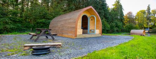 DalmellingtonGlamping Pod 2 Magical Craigengillan Estate的小型木制结构,设有野餐桌和烧烤架