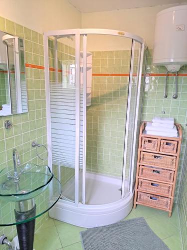 耶泽拉Apartments Nicole的一间带玻璃水槽和淋浴的浴室
