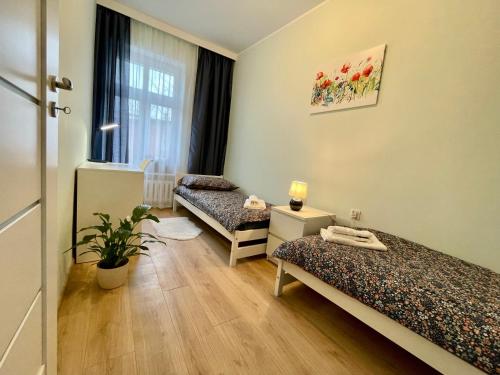 格但斯克Apartament Seabella blisko plaży Gdańsk Brzeżno的客房设有两张床和窗户。