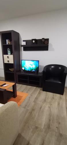 雅戈丁那Apartman MAŠA的客厅配有黑色真皮座椅和平面电视。