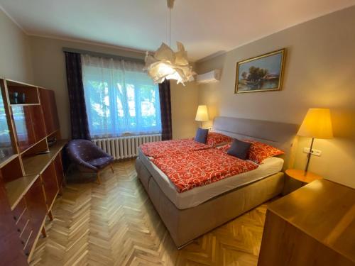 赫维兹Villa Trófea的一间卧室设有一张床和一个大窗户