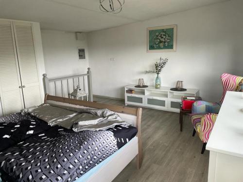 KdyněKellys SPA的卧室配有一张床和一张桌子及椅子
