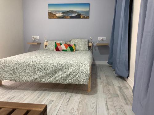 圣克鲁斯-德拉帕尔马Tierritas Village (Ventanas del Atlántico 2)的卧室铺有木地板,配有一张床和一个枕头。