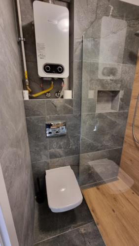 琴斯托霍瓦Apartament w Centrum的一间带卫生间和玻璃淋浴间的浴室