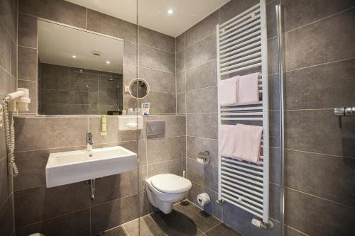 曼海姆埃蒙俾斯麦酒店的一间带水槽、卫生间和镜子的浴室