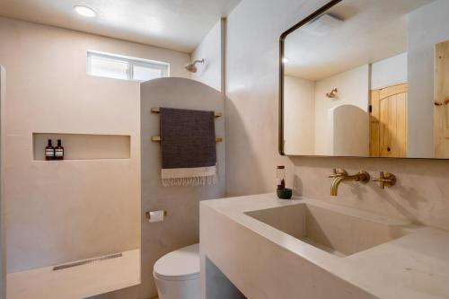 约书亚树Dt Jt Hot Tub Fire Pit Resort Feels的一间带水槽、卫生间和镜子的浴室