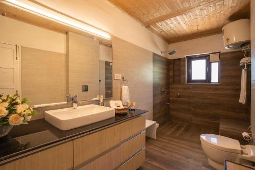 斯利那加StayVista at Waterside Estate的一间带水槽、卫生间和镜子的浴室