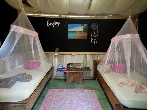 帕克拉Jungle Tent 3x3, Latino Glamping & Tours, Paquera的配有电视的客房内的两张床和蚊帐