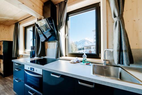 黑马戈尔Clofers Active Apartments Sonnleitn的厨房设有水槽和窗户。