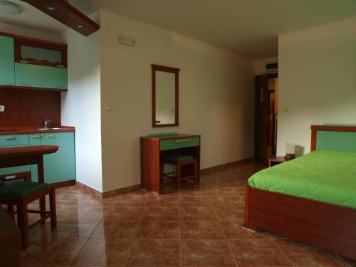 佩特罗瓦纳莫鲁Apartments Laništa Dragović的一间卧室配有一张床、一张桌子和一个水槽