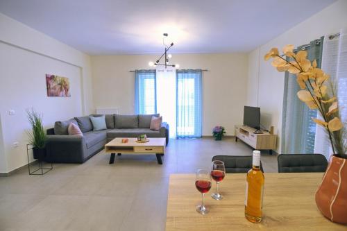 纳夫普利翁90° - Ninety Degrees的客厅配有沙发和两杯葡萄酒