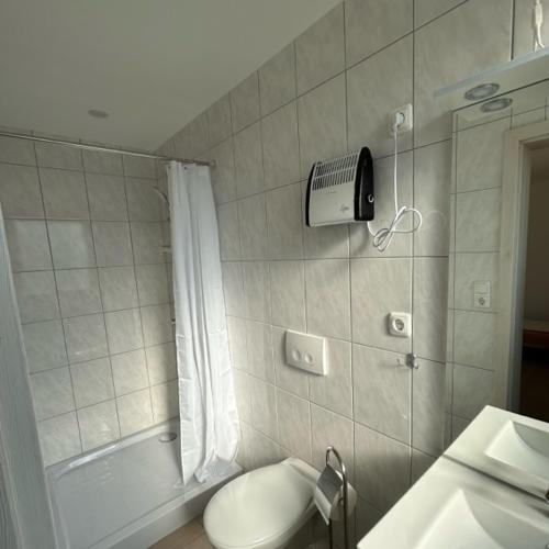 普鲁滕Ferienpark Buntspecht Apartment B的浴室配有卫生间、淋浴和盥洗盆。