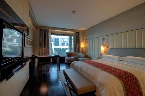 新德里新德里空港JW万豪酒店的酒店客房设有一张大床和一台电视。